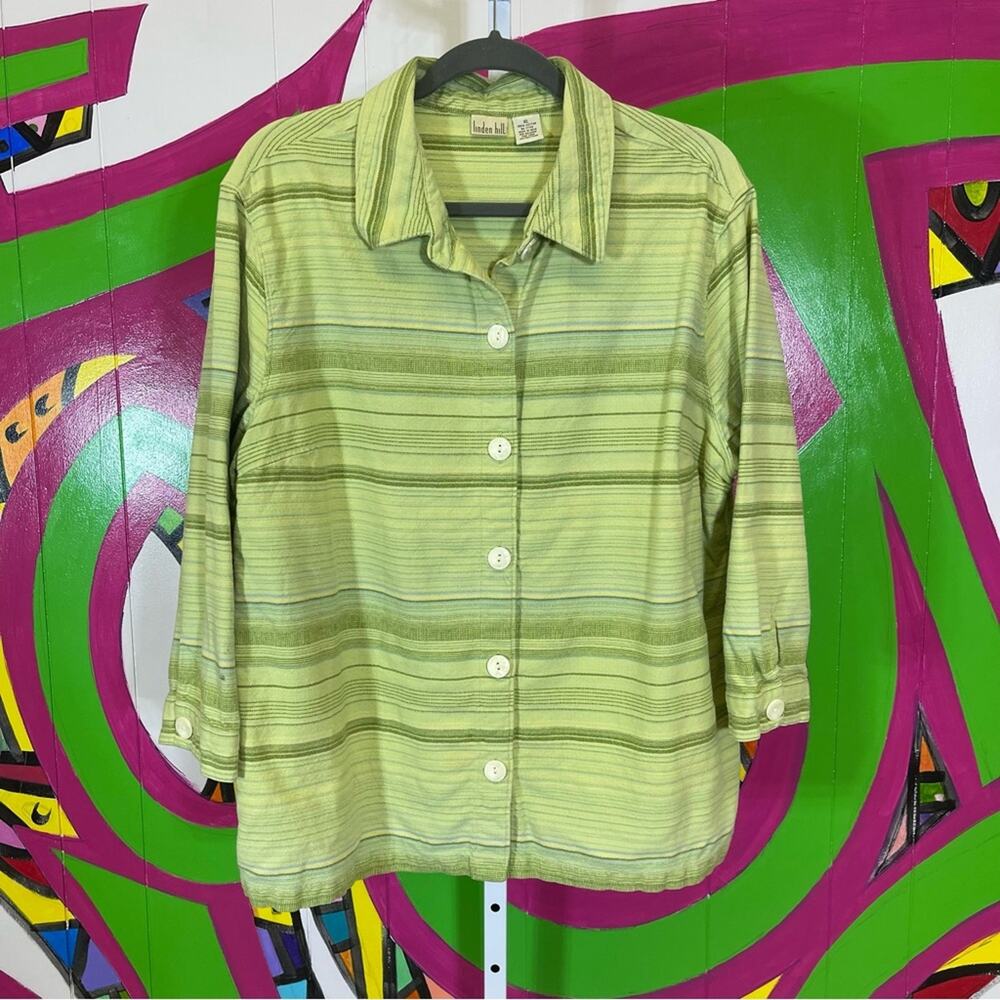 Linden Hill, Green Striped Button Up Shirt. Size XL. Excellent condition!